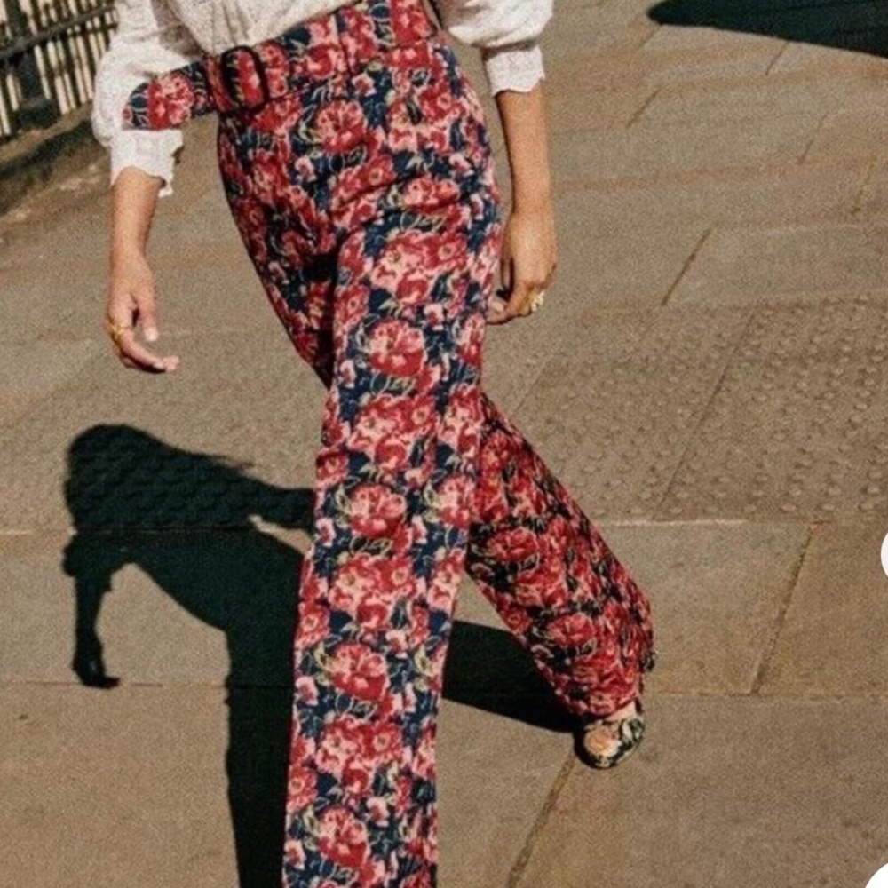 Sezane Floral Wide-Leg Trousers in Red and Navy
